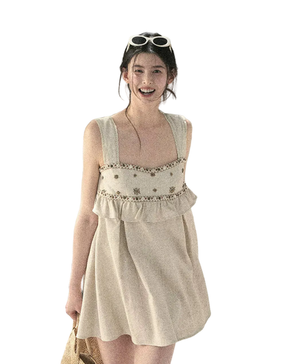 Sunlit Wheat Field Lace Strap Dress