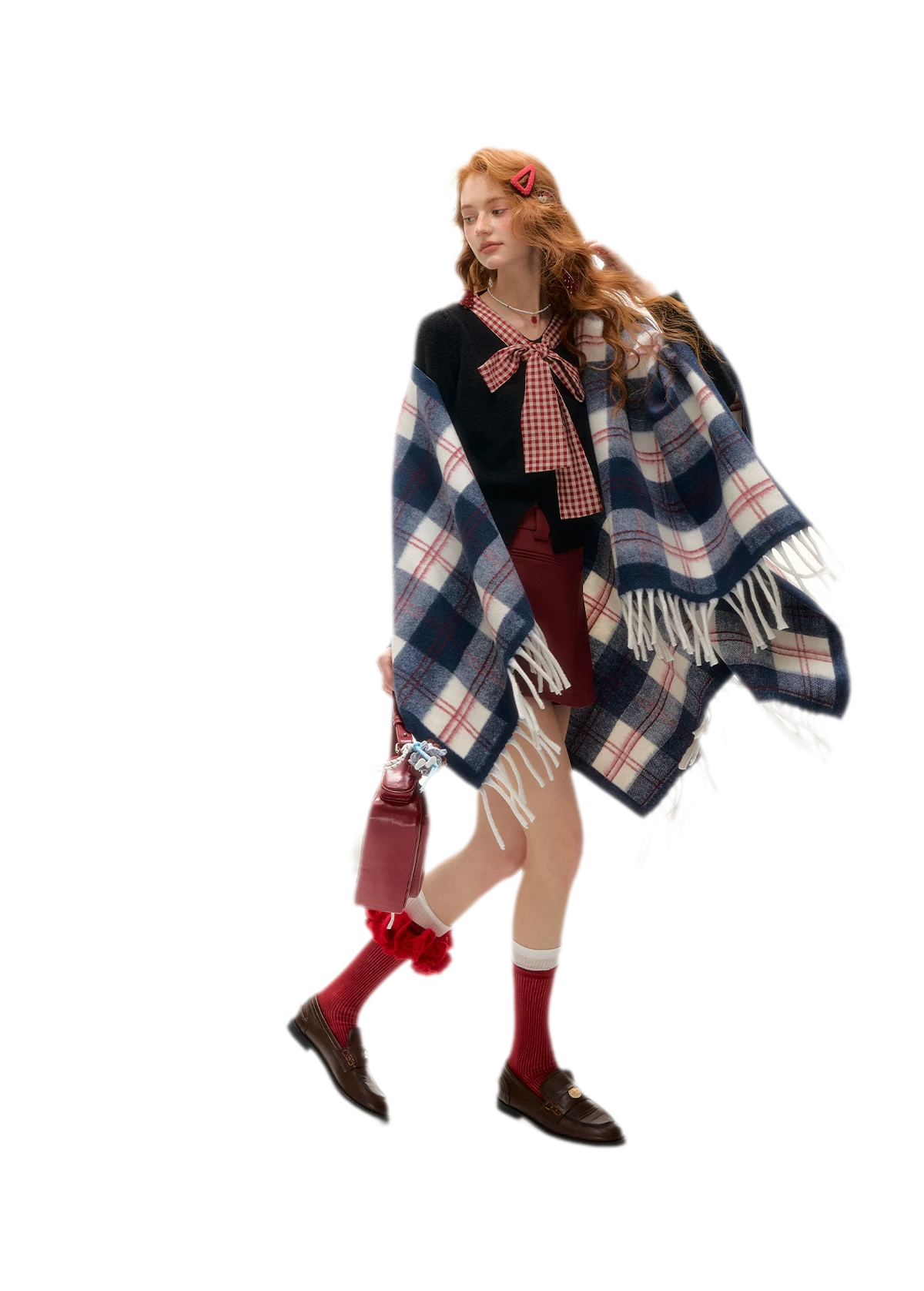 Vintage Plaid Fringed Shawl