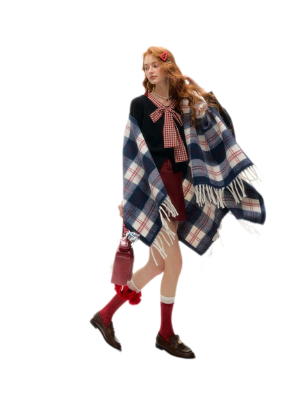 Vintage Plaid Fringed Shawl