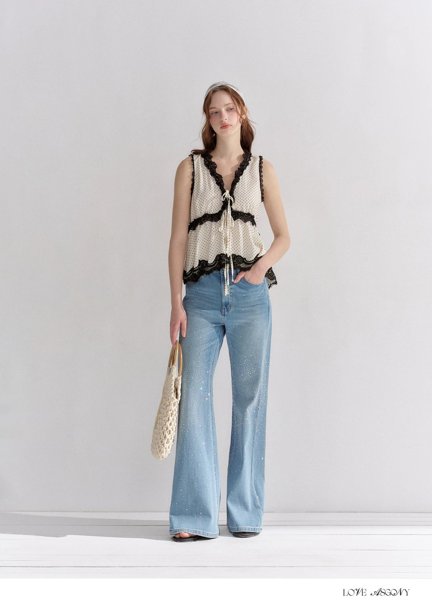 V-Neck Lace Polka Dot Waist-Defined Sleeveless Top
