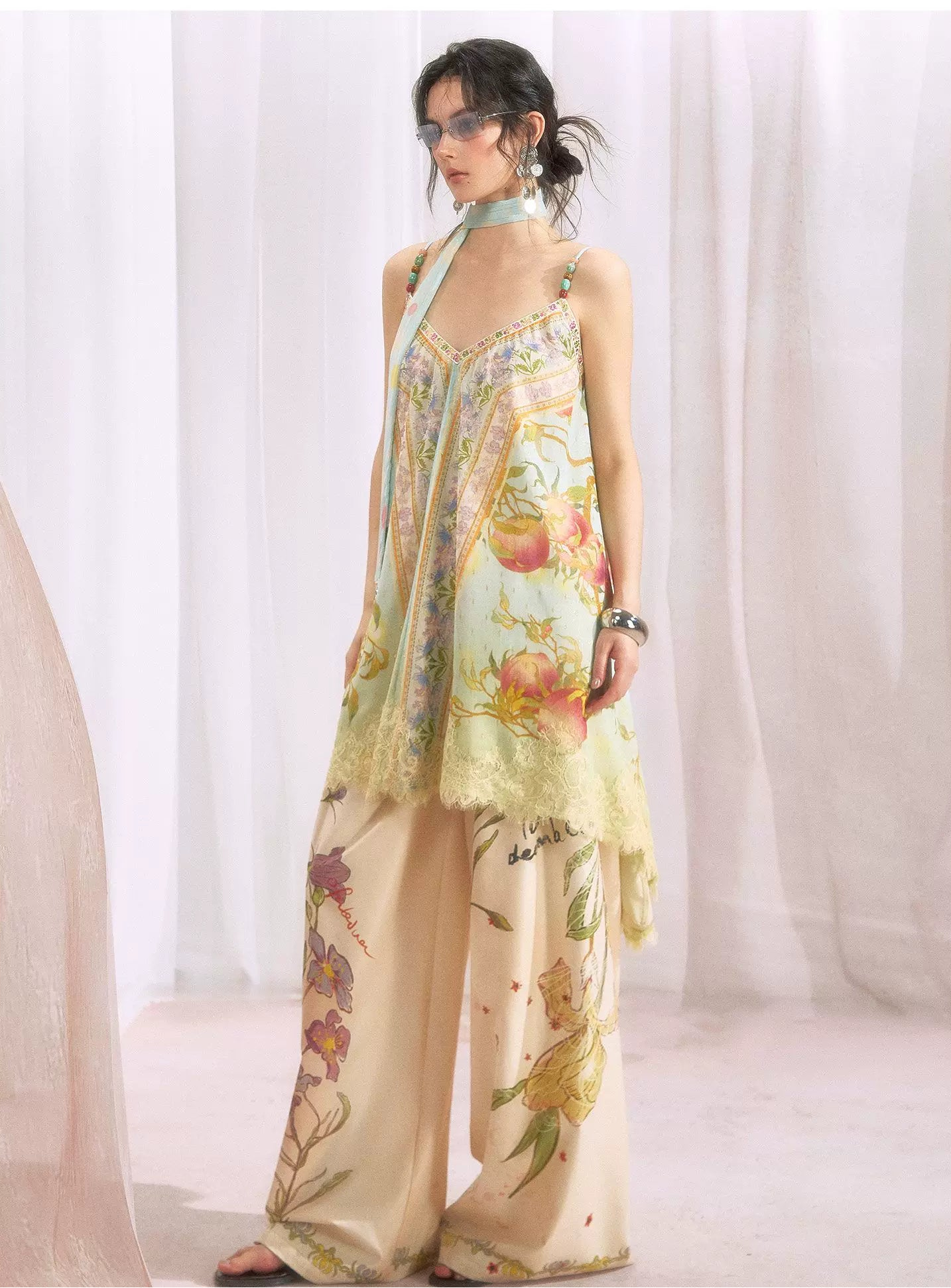 Peach Branch Print Metallic Chiffon Dress