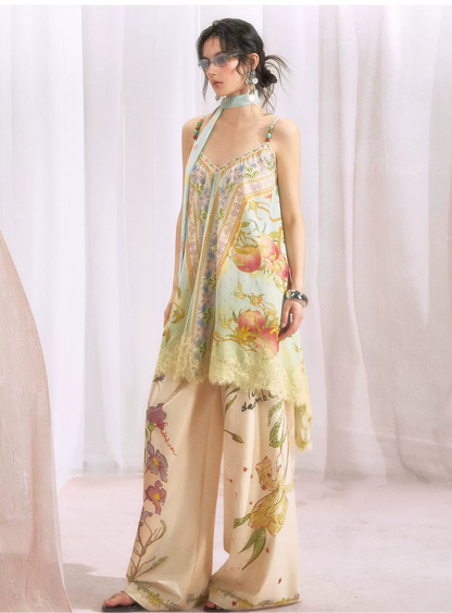 Peach Branch Print Metallic Chiffon Dress