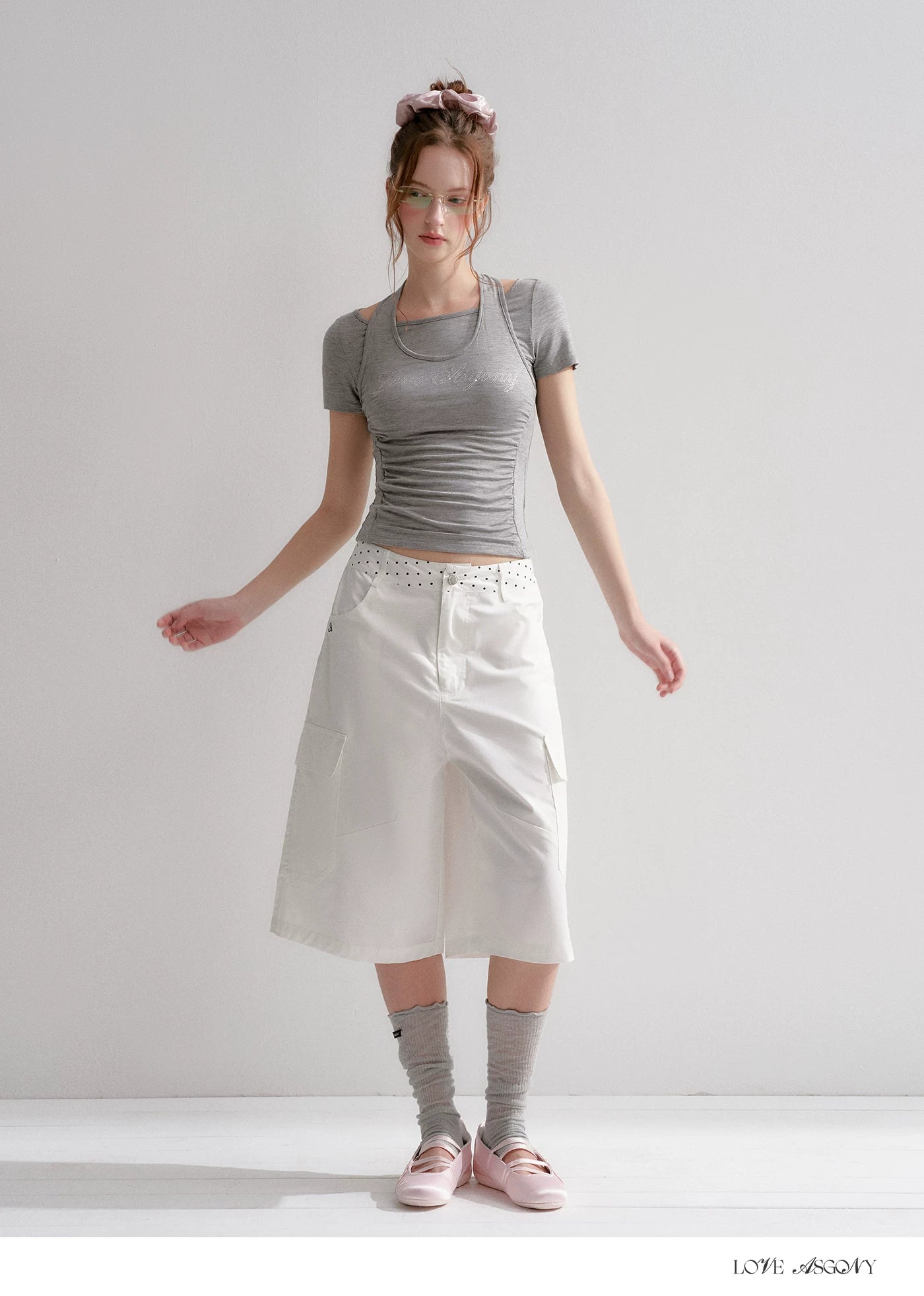 Lyocell Rhinestone Pleated Short Sleeve T-Shirt