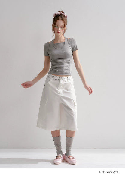 Lyocell Rhinestone Pleated Short Sleeve T-Shirt