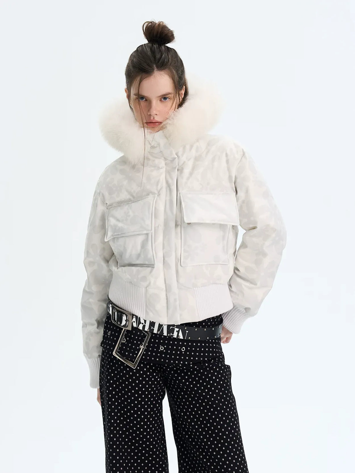 Printed Cropped Hooded Down Jacket