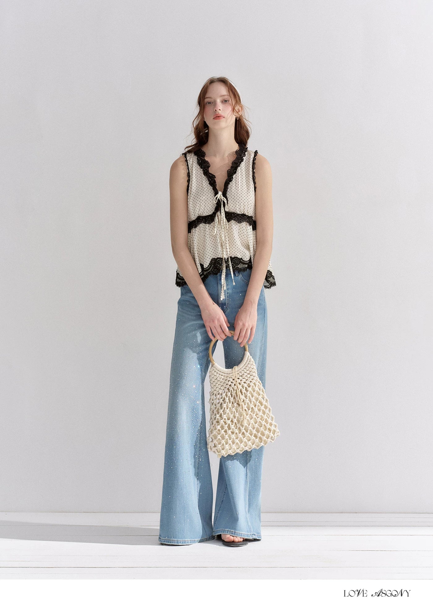 V-Neck Lace Polka Dot Waist-Defined Sleeveless Top