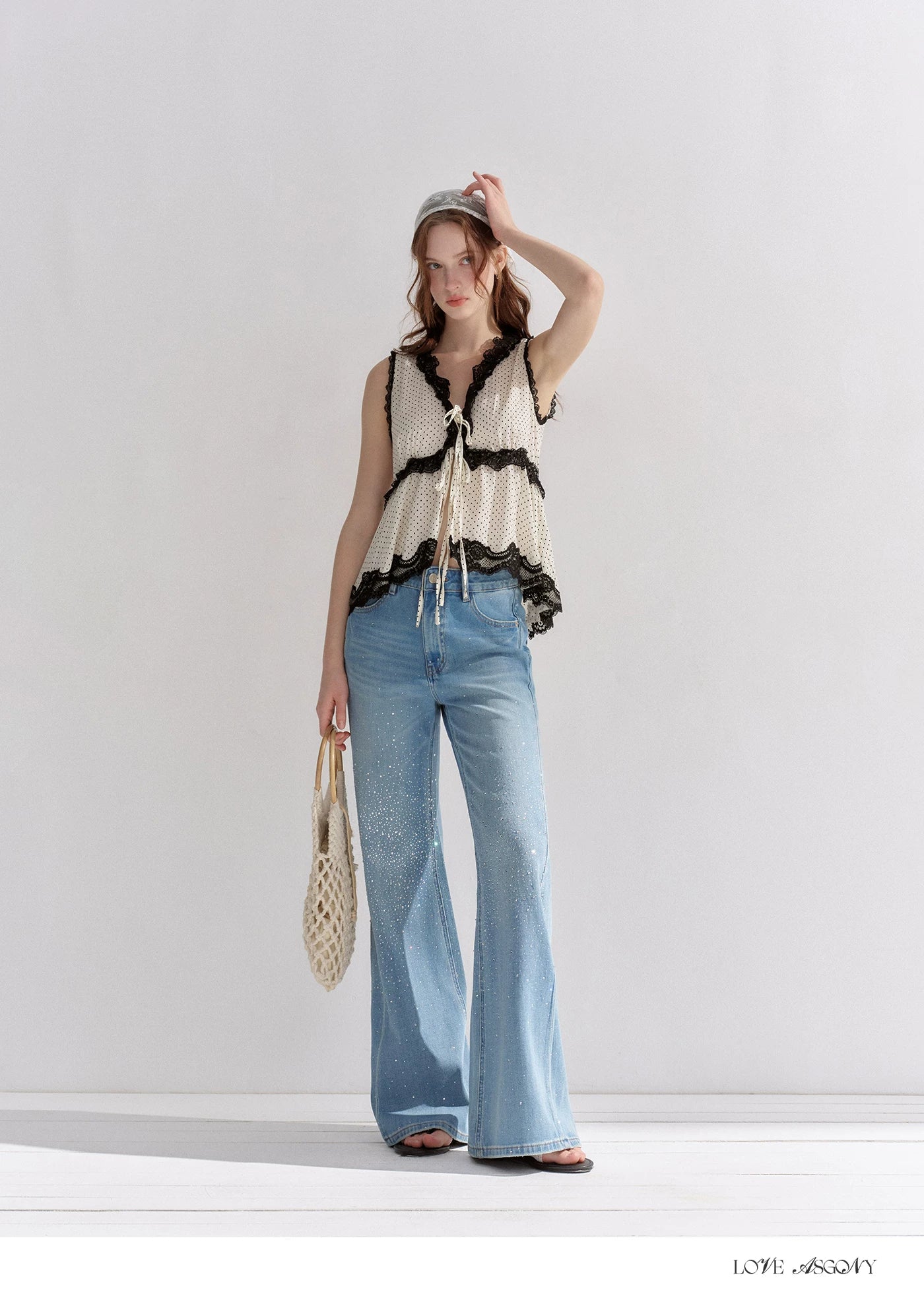 V-Neck Lace Polka Dot Waist-Defined Sleeveless Top