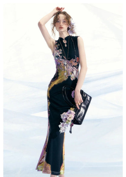 Tri-color Reversible Printed Qipao Dress