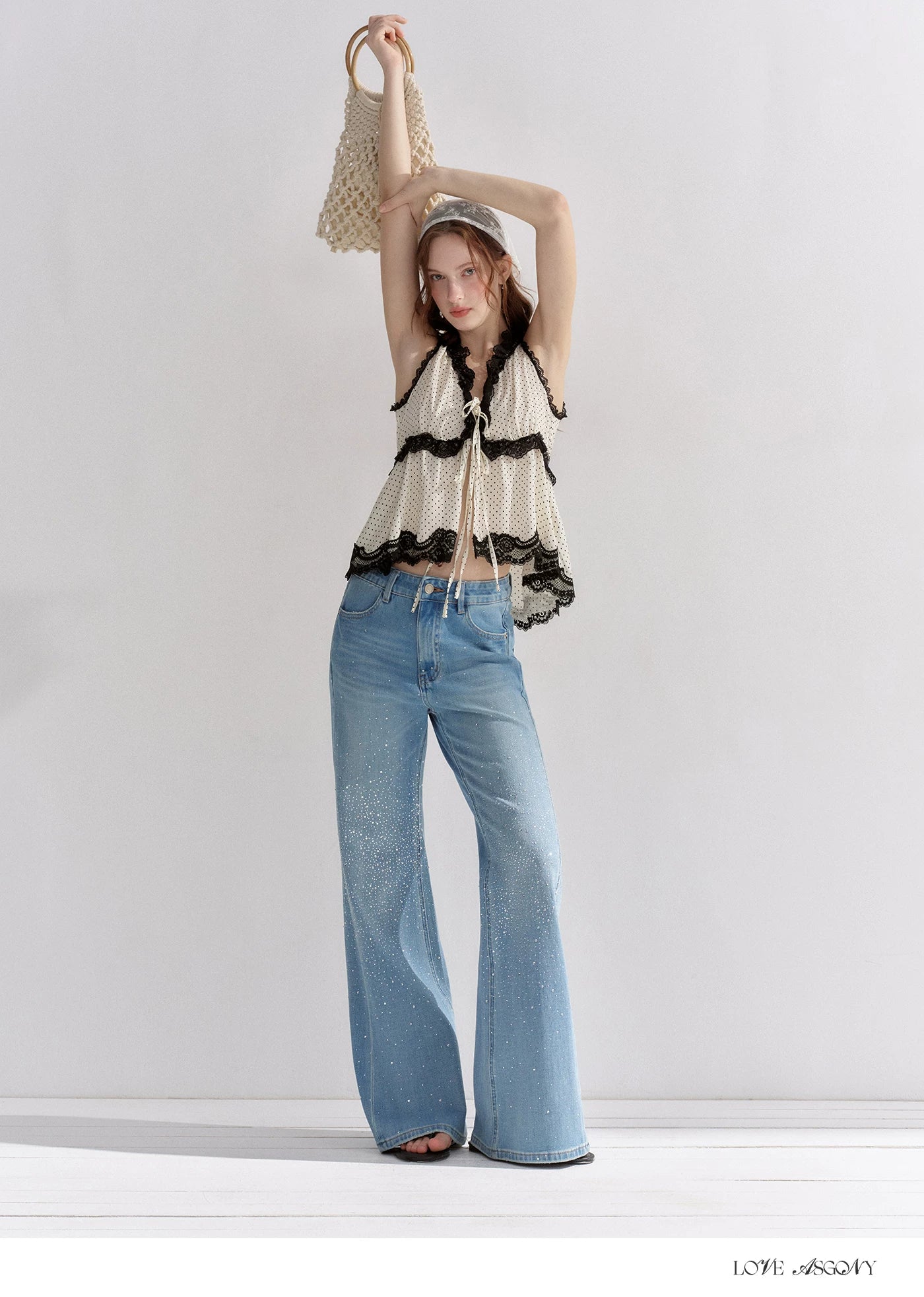 V-Neck Lace Polka Dot Waist-Defined Sleeveless Top