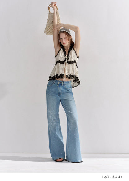 V-Neck Lace Polka Dot Waist-Defined Sleeveless Top