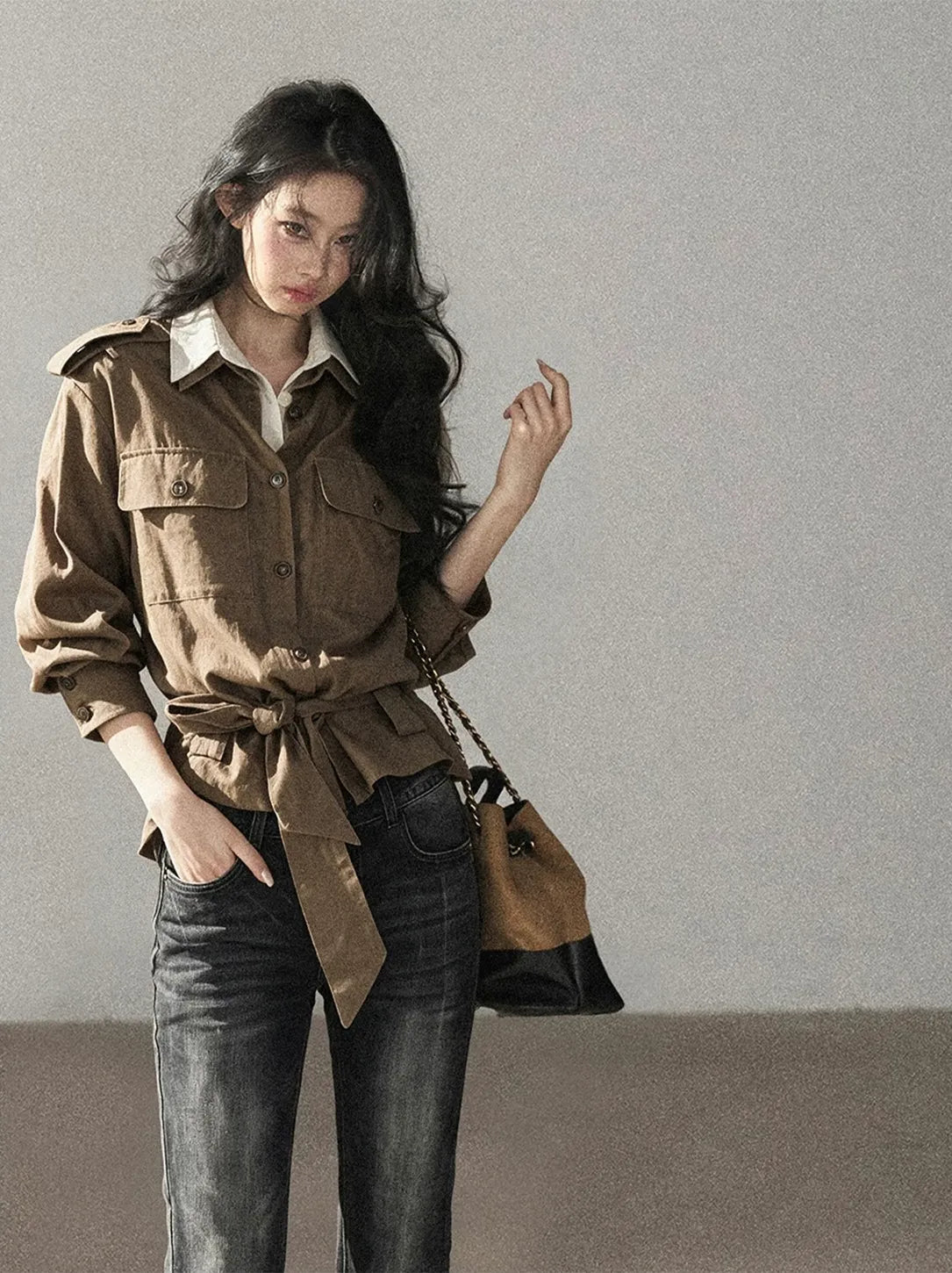 Cotton Linen Cinched Workwear Shirt