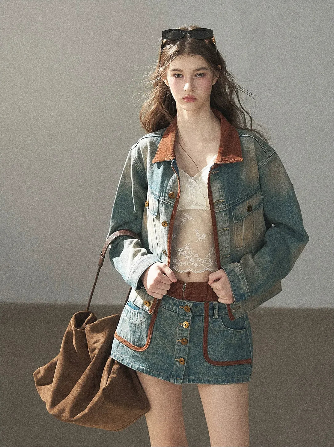 Washed Denim Jacket Skirt Set