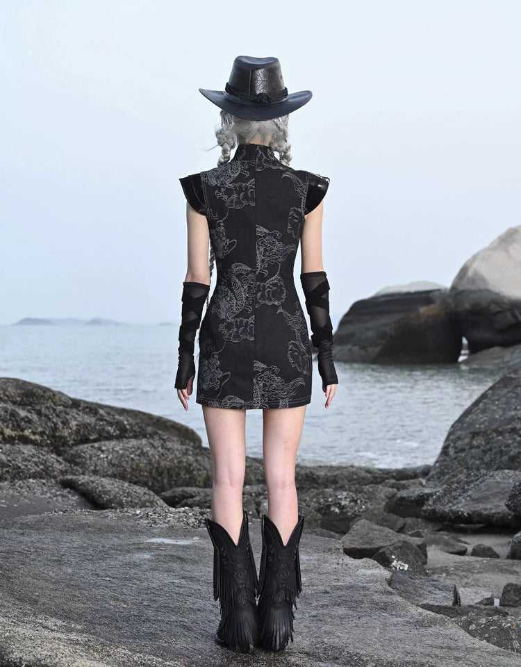 Washed Denim Dragon Qipao Dress