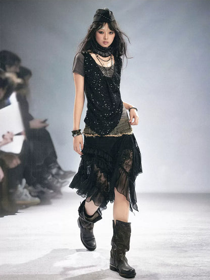 Lace Patchwork Tulle Skirt