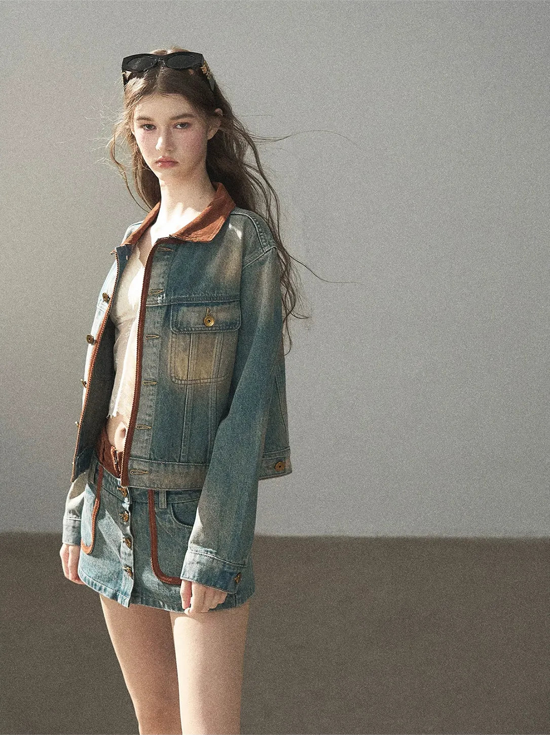 Washed Denim Jacket Skirt Set