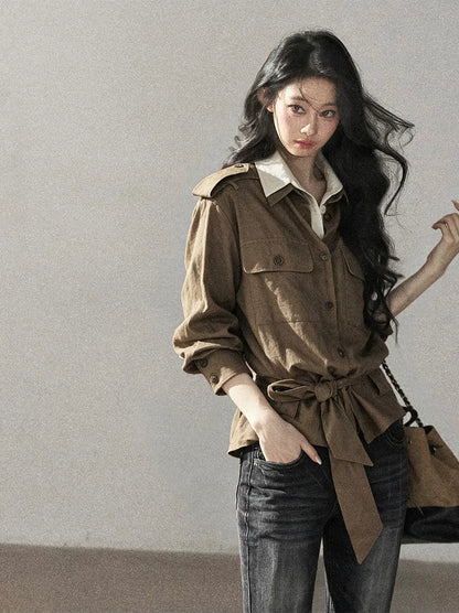 Cotton Linen Cinched Workwear Shirt
