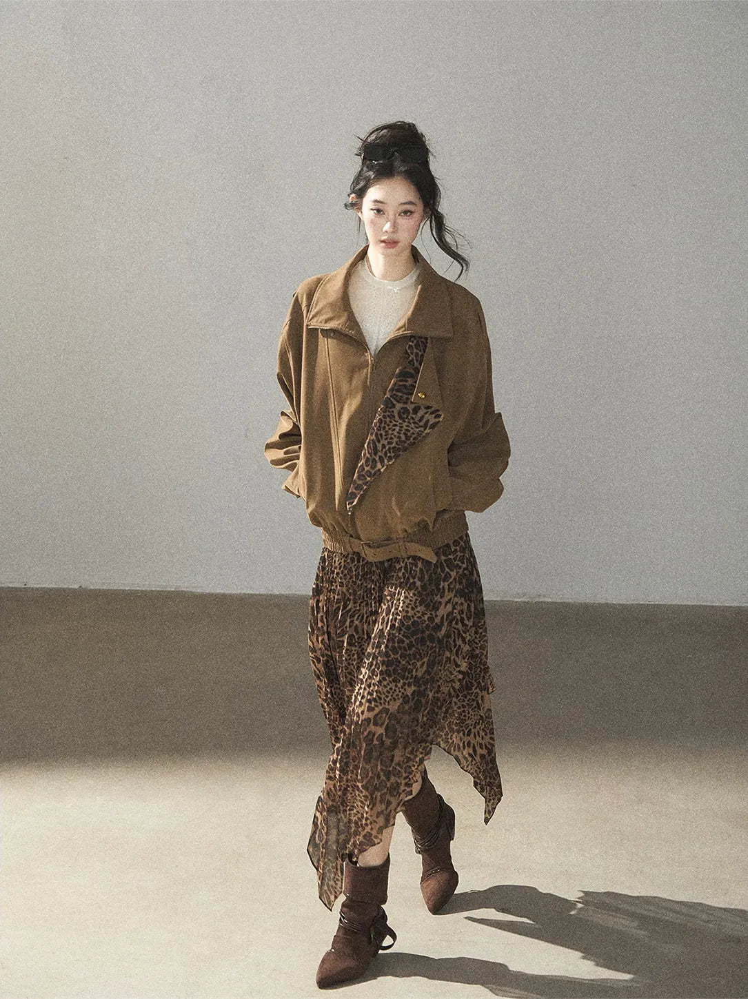 Matte Suede Leopard Bomber Jacket