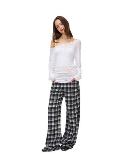 Brushed Plaid Wide-Leg Pants