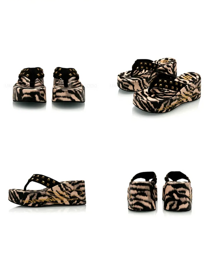 Studded Animal Print Platform Slides