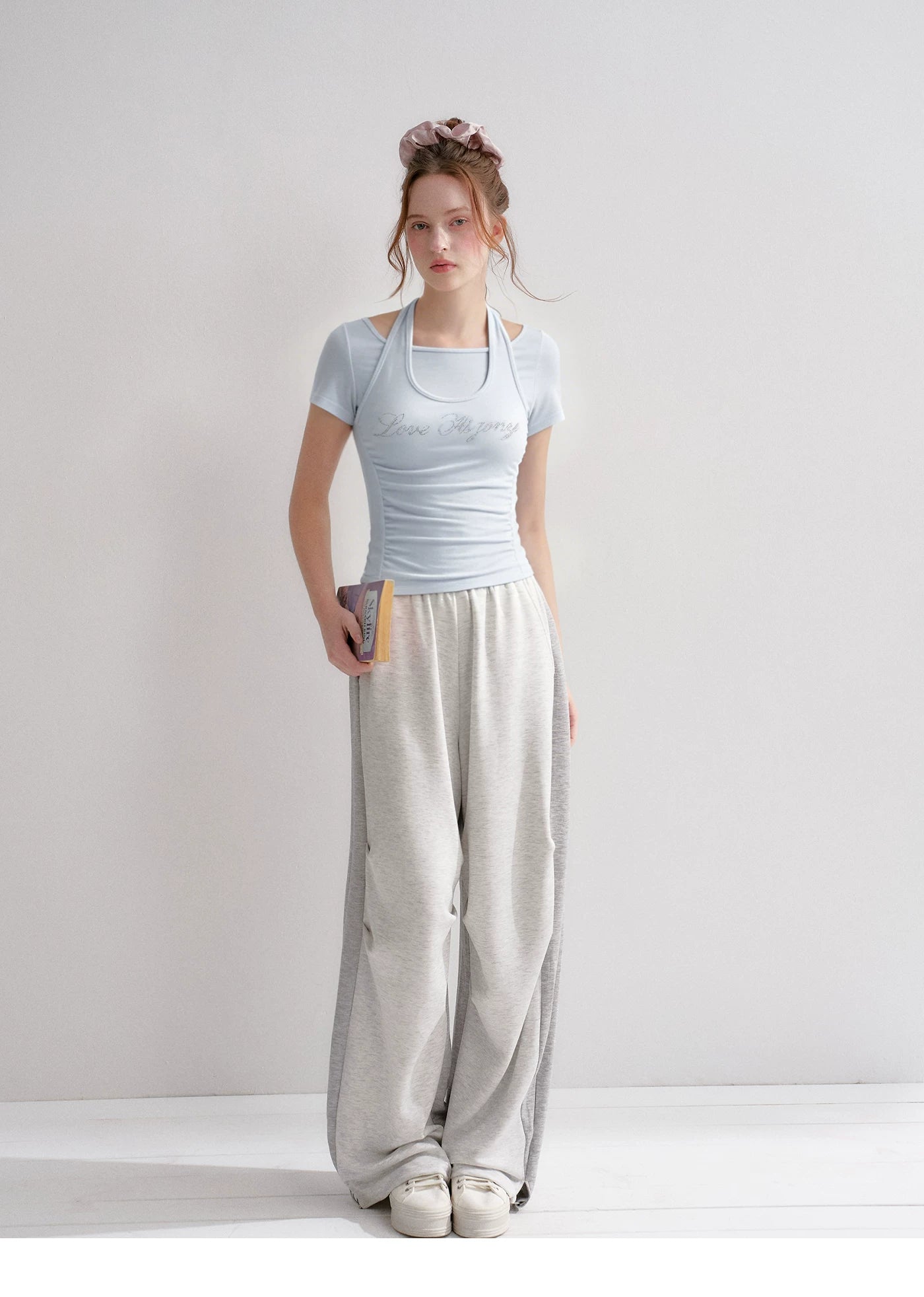 Lyocell Rhinestone Pleated Short Sleeve T-Shirt