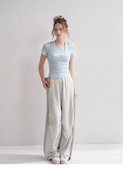 Lyocell Rhinestone Pleated Short Sleeve T-Shirt