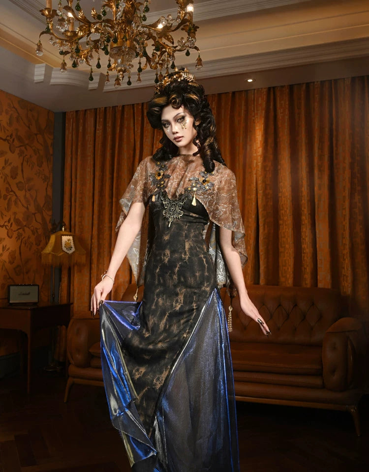 Gold Jacquard A-Line Evening Dress