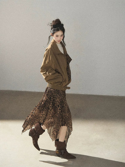 Matte Suede Leopard Bomber Jacket