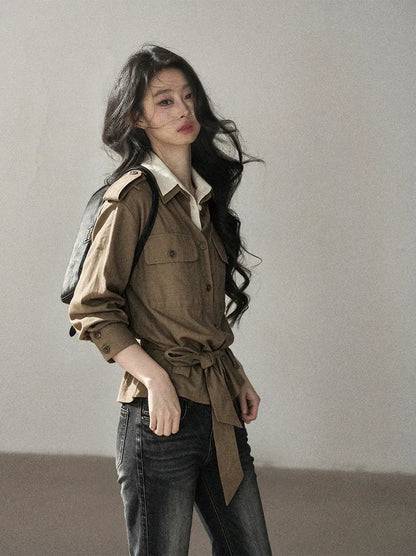 Cotton Linen Cinched Workwear Shirt