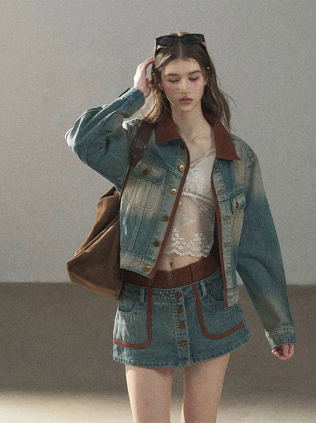 Washed Denim Jacket Skirt Set