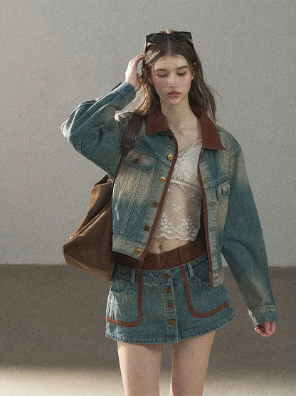 Washed Denim Jacket Skirt Set