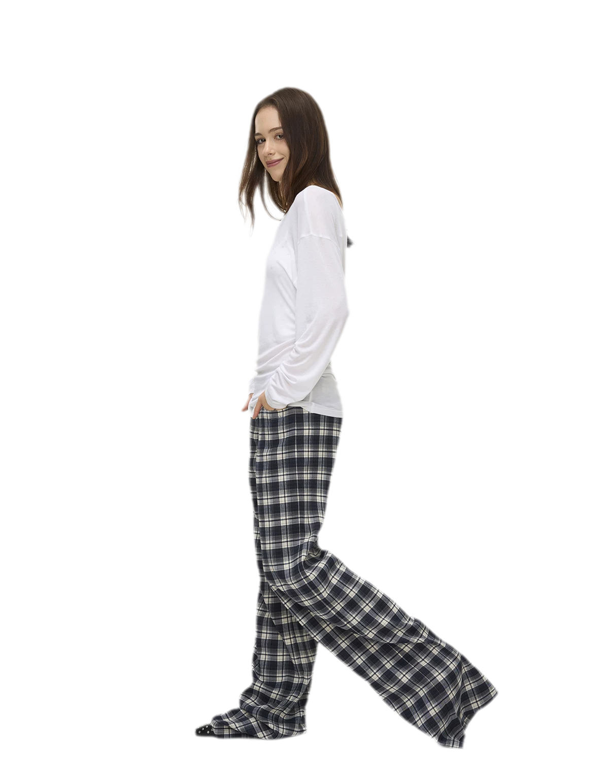 Brushed Plaid Wide-Leg Pants