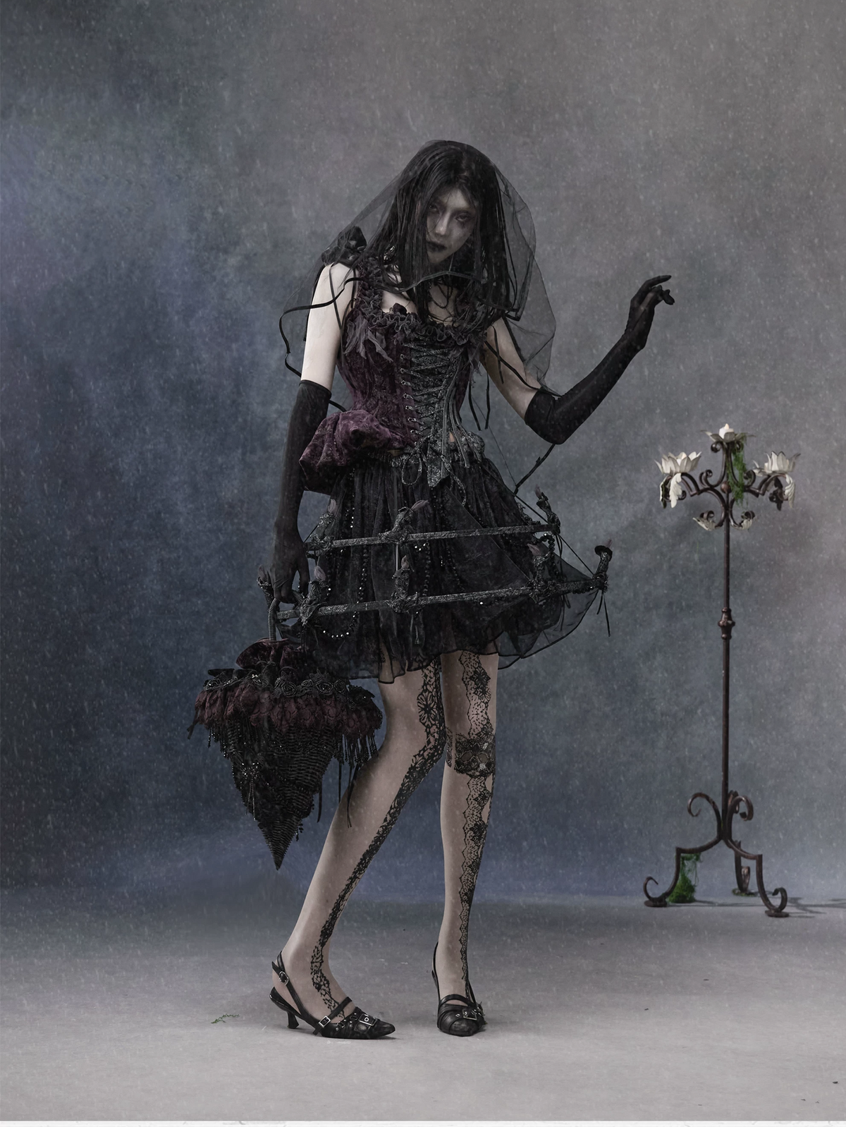 Chân váy dạ hội gothic xếp tầng đính hạt cườm