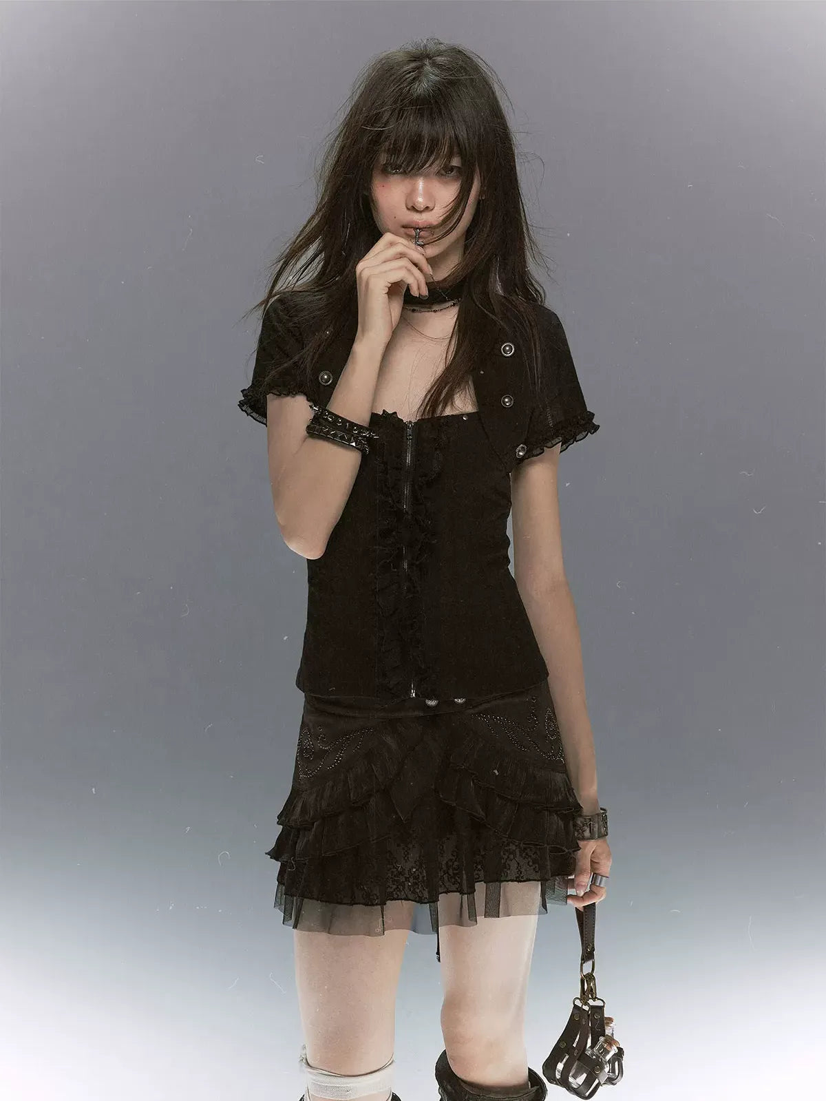 Studded Tiered Mini Skirt