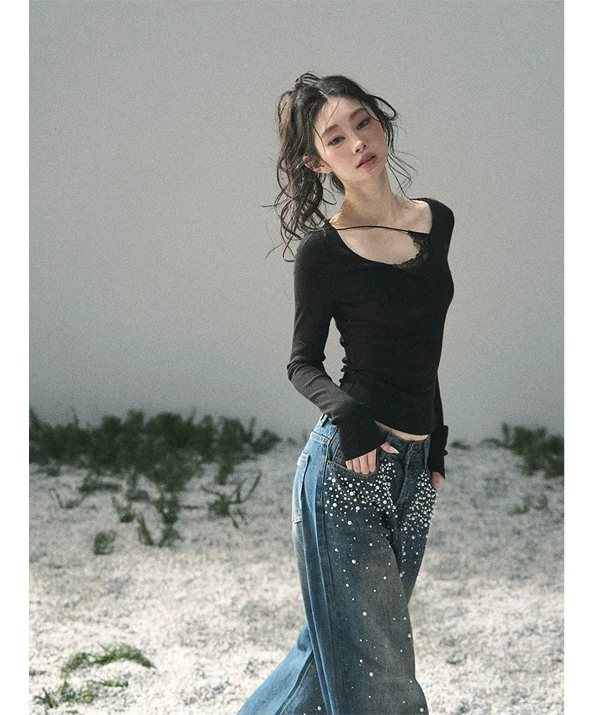 Washed Pearl Wide-Leg Jeans
