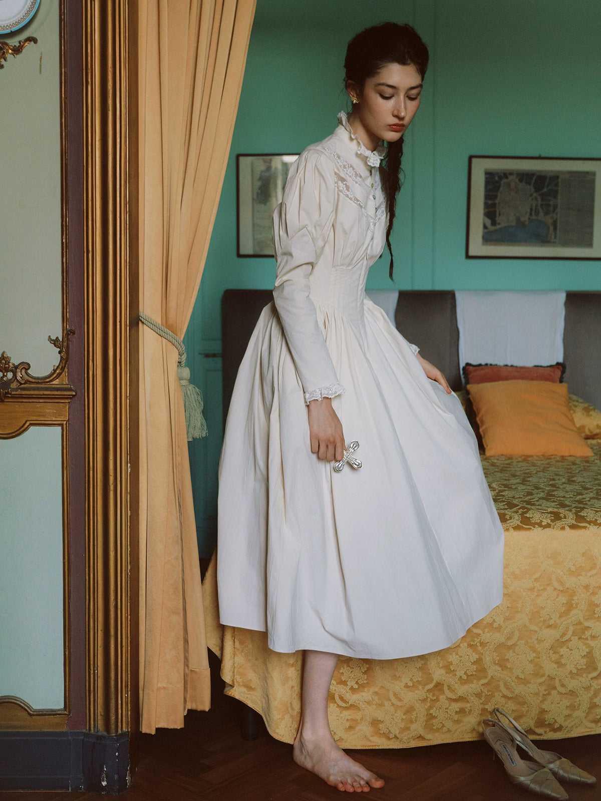 Lace Trim Victorian Midi Dress
