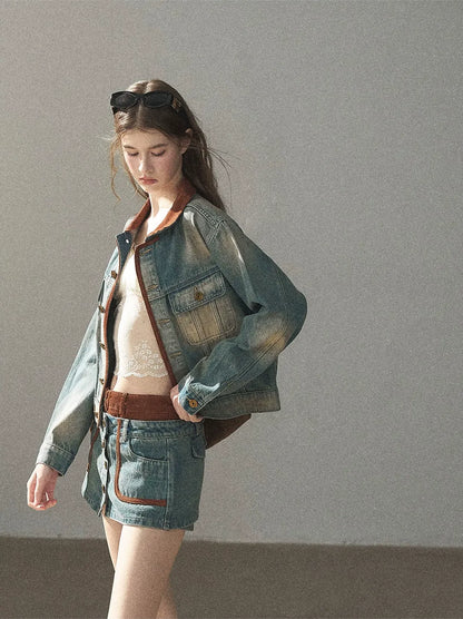 Washed Denim Jacket Skirt Set