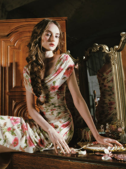 Printed Mesh Draped Dress