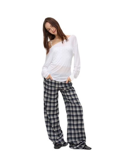 Brushed Plaid Wide-Leg Pants
