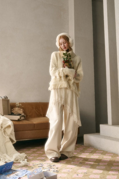 Pantalon large drapé en dentelle