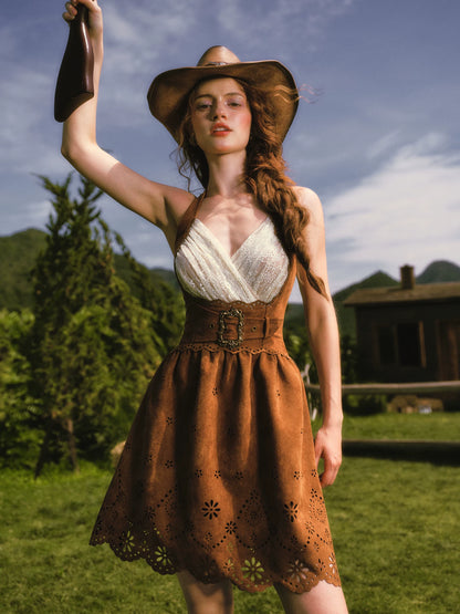 Laser-Cut Suede Lace Dress