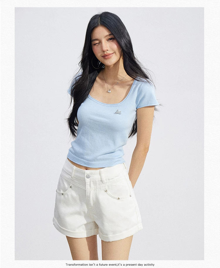 Candy Color U-Neck Short Sleeve T-Shirt