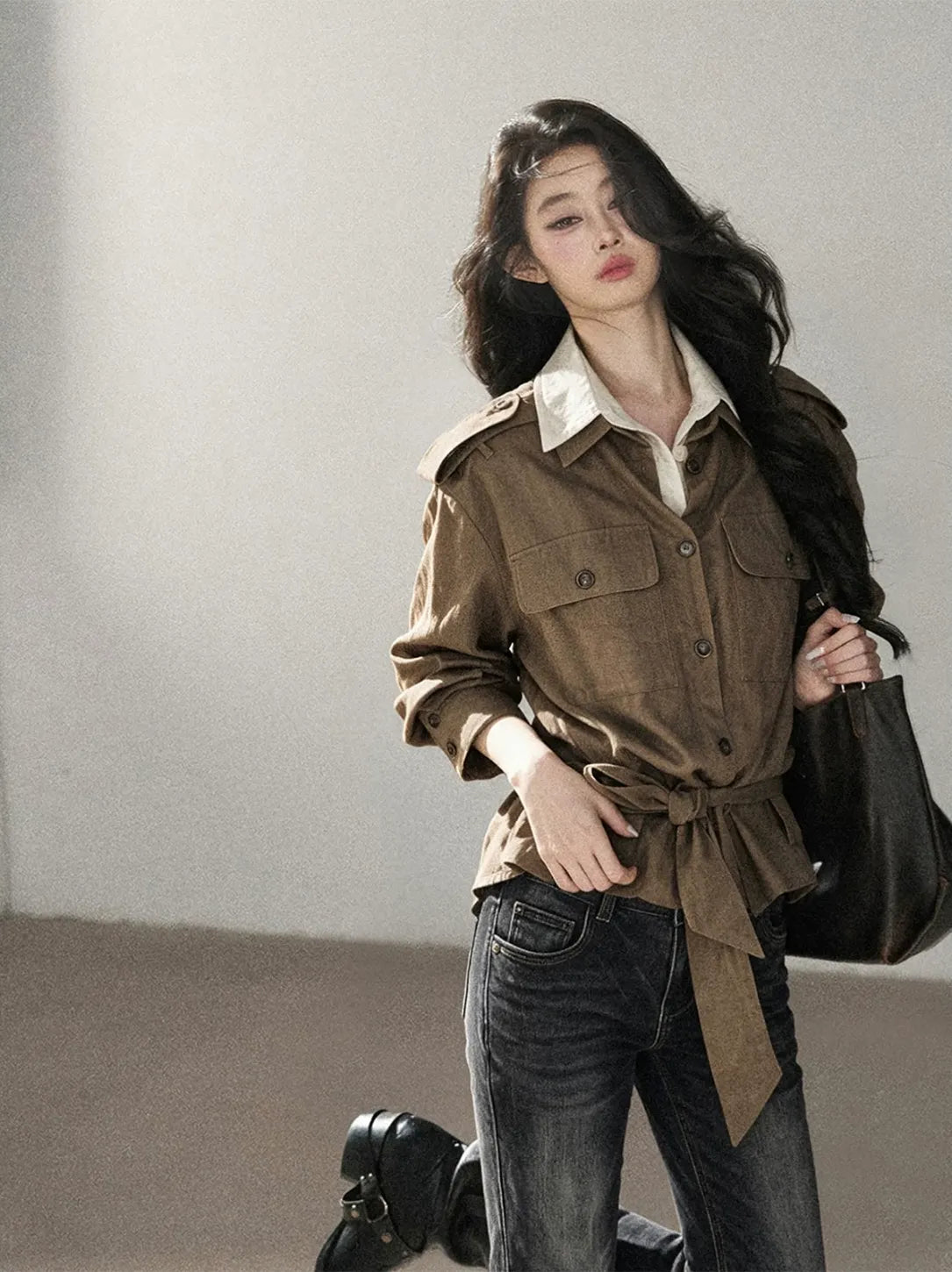 Cotton Linen Cinched Workwear Shirt