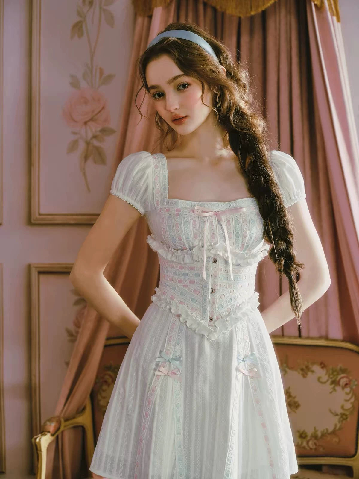 Jacquard Puff-Sleeve Corset Dress