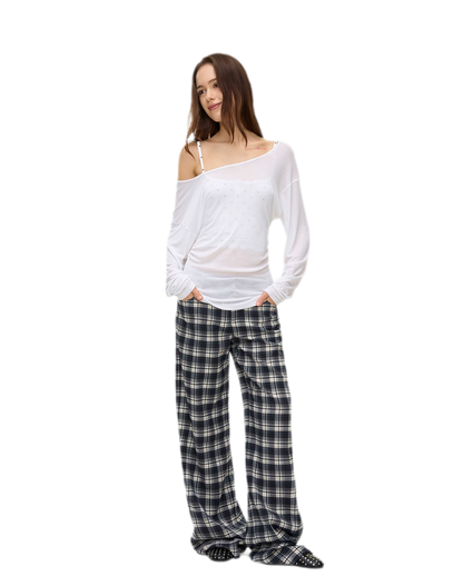 Brushed Plaid Wide-Leg Pants