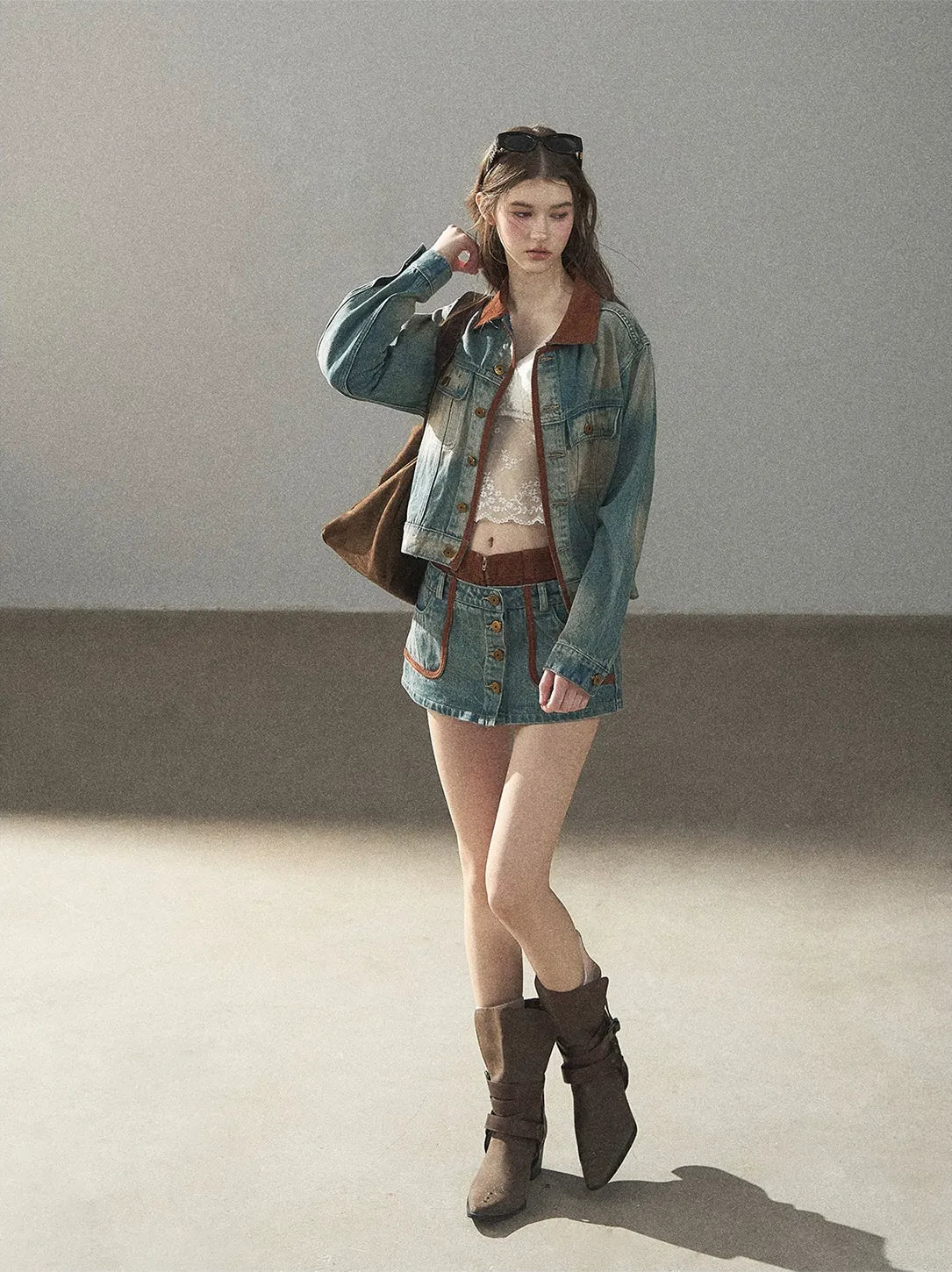 Washed Denim Jacket Skirt Set