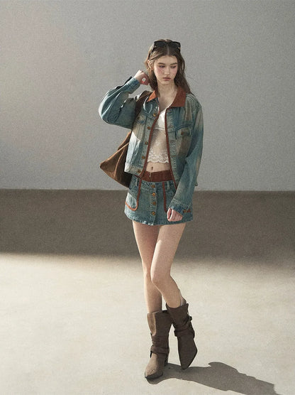 Washed Denim Jacket Skirt Set
