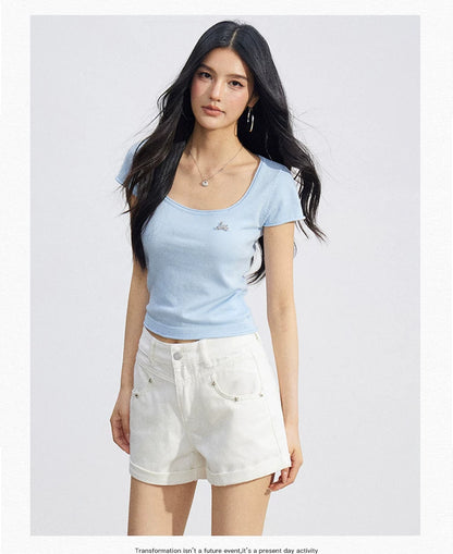 Candy Color U-Neck Short Sleeve T-Shirt
