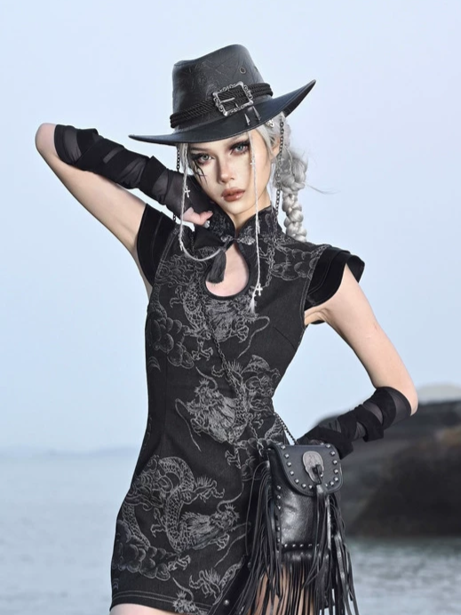 Washed Denim Dragon Qipao Dress