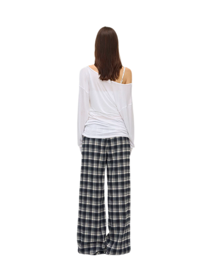 Brushed Plaid Wide-Leg Pants