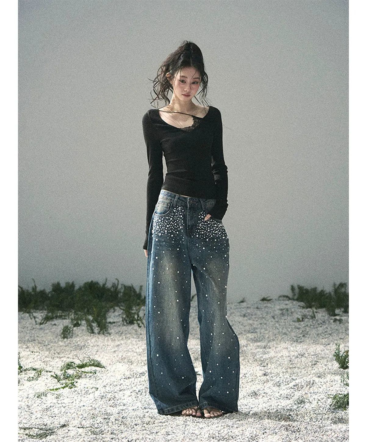 Washed Pearl Wide-Leg Jeans